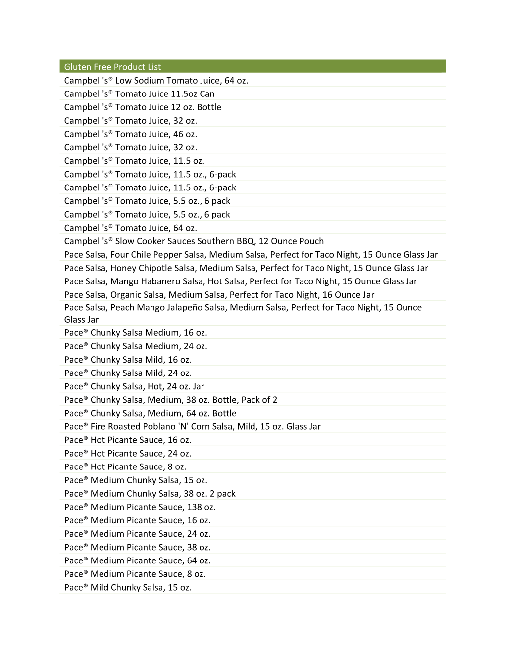 Gluten Free Product List Campbell's® Low Sodium Tomato Juice, 64 Oz