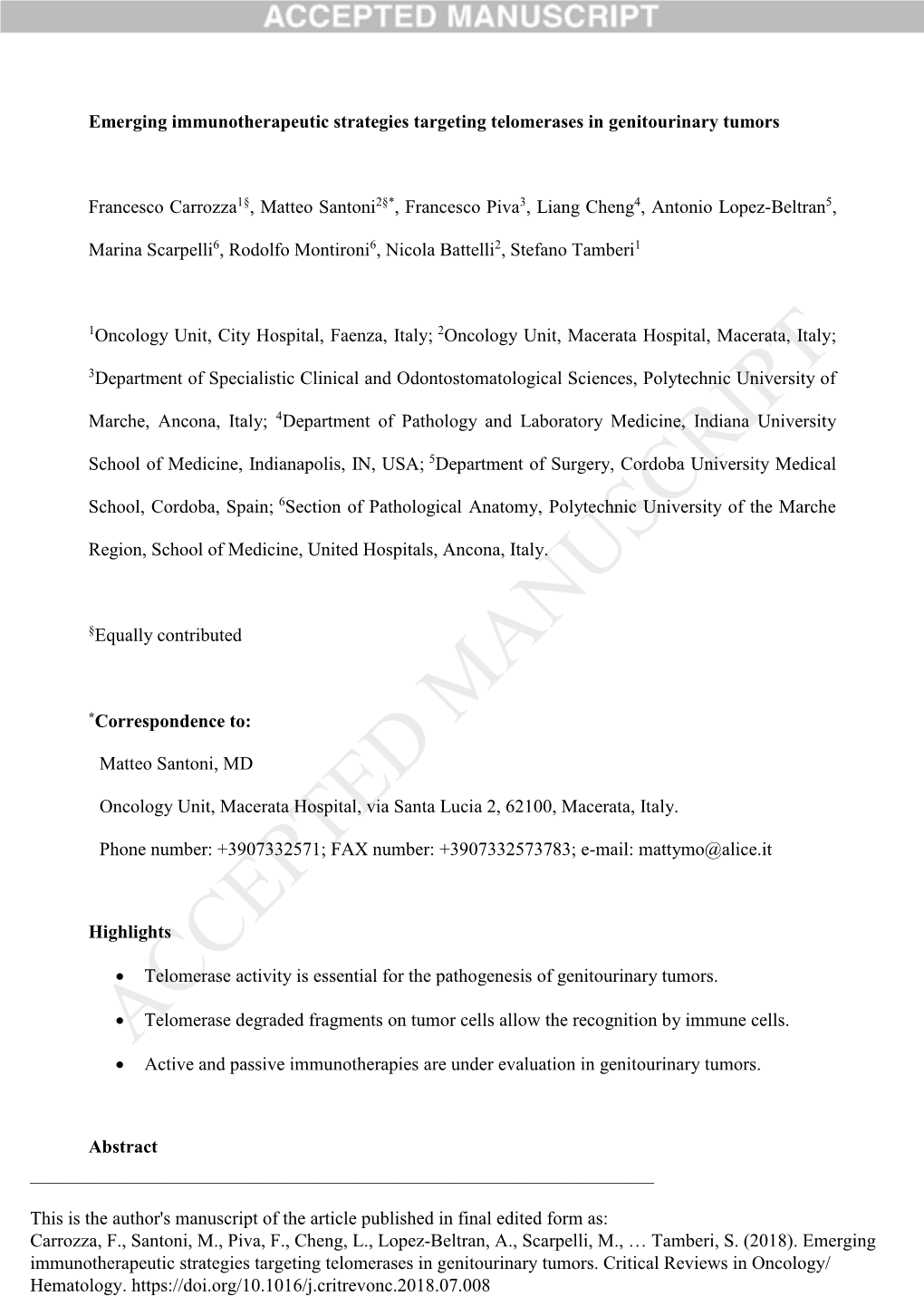 Emerging Immunotherapeutic Strategies Targeting Telomerases in Genitourinary Tumors