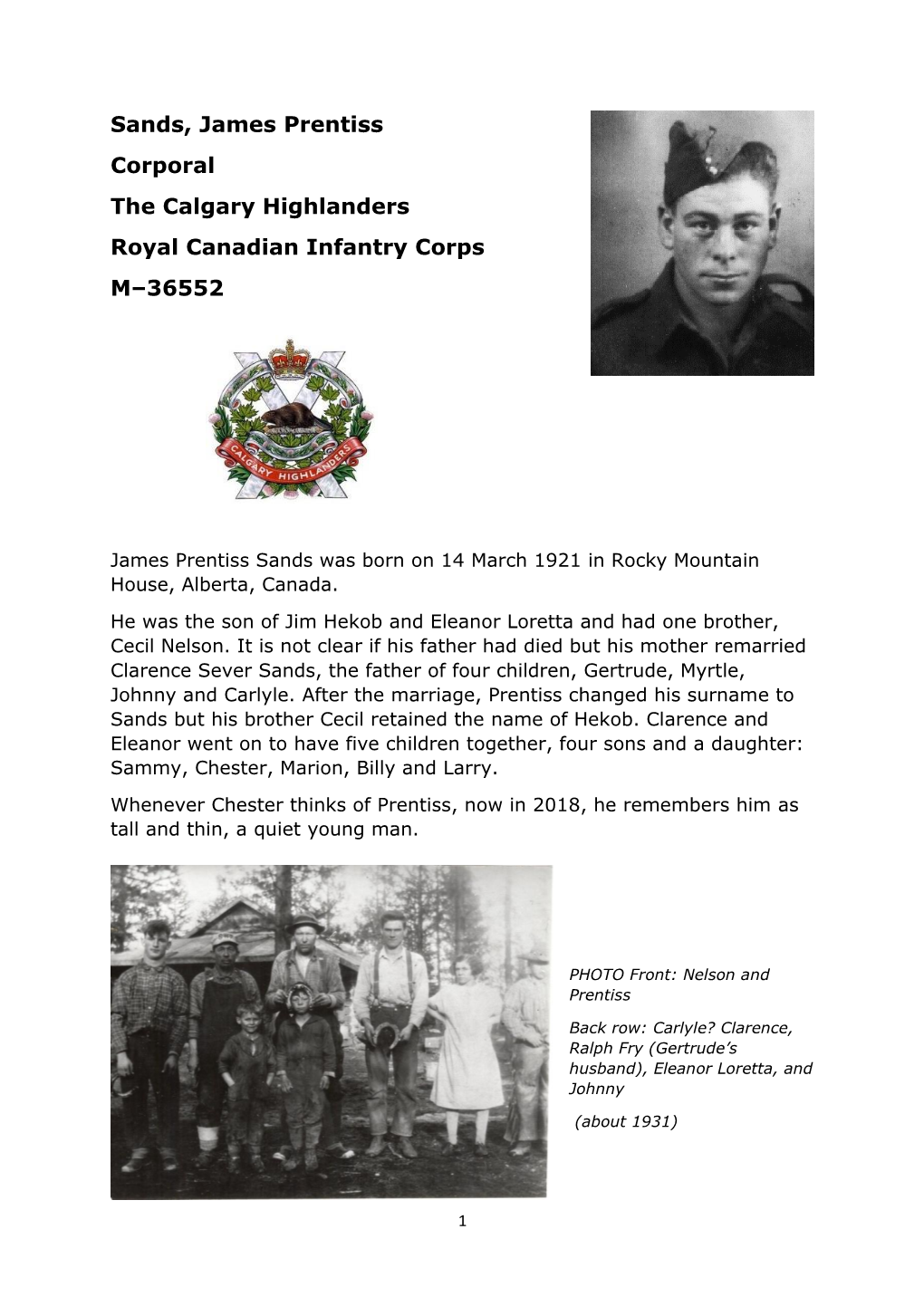 Sands, James Prentiss Corporal the Calgary Highlanders Royal Canadian Infantry Corps M–36552