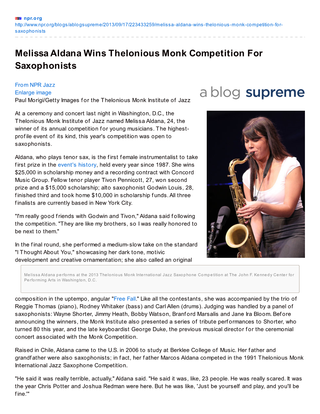 Melissa Aldana Wins Thelonious Monk Competition for Saxophonists