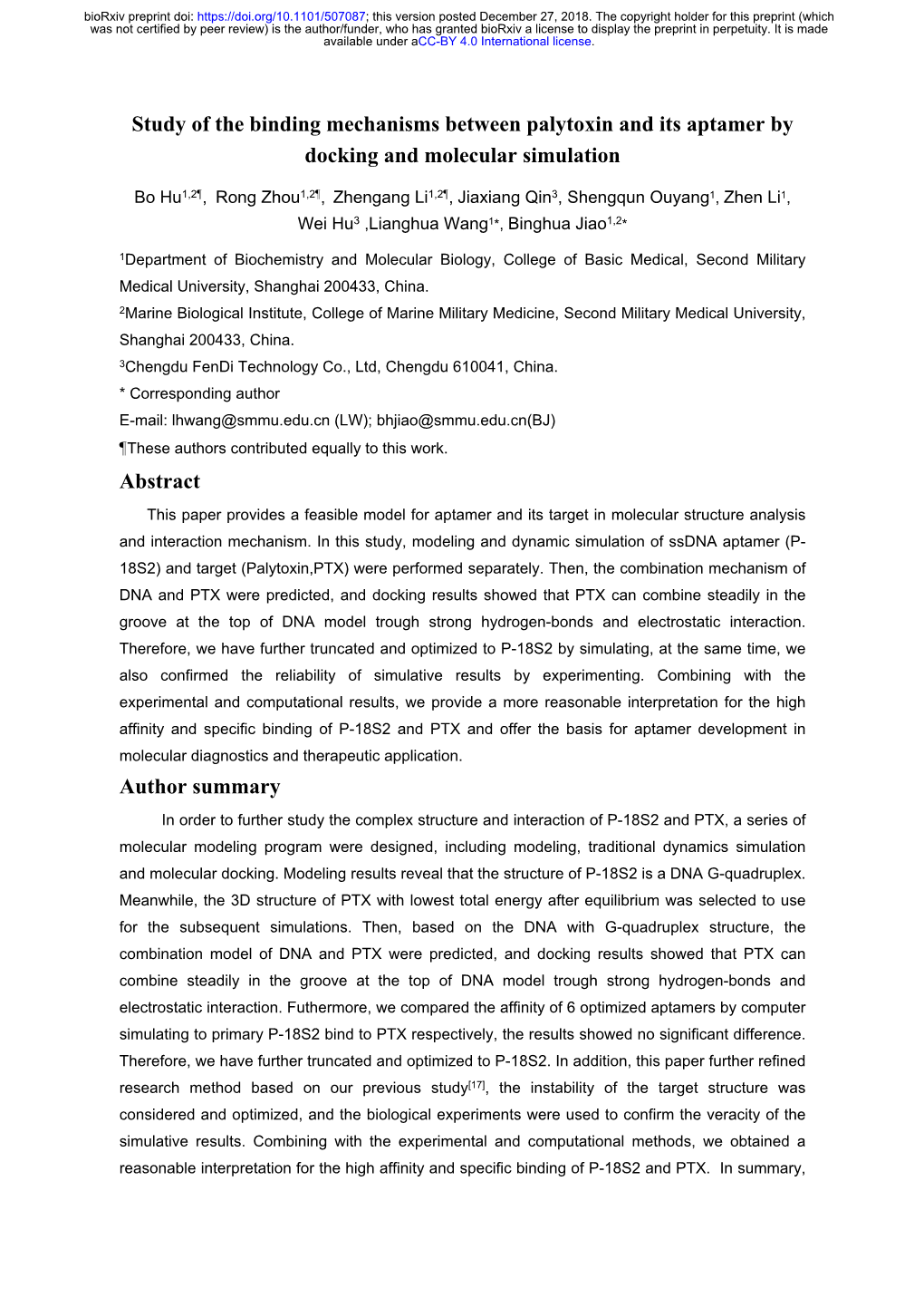 Study of the Binding Mechanisms Between Palytoxin and Its Aptamer by Docking and Molecular Simulation