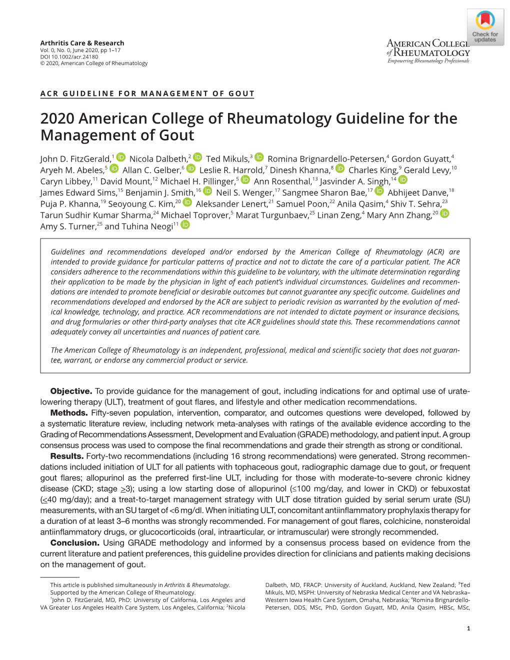 2020 American College of Rheumatology Guideline for the Management of Gout