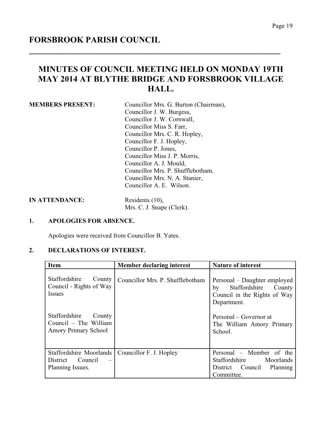 Minutes of Council Meeting Held on Monday 19Th May 2014 at Blythe Bridge and Forsbrook Village Hall