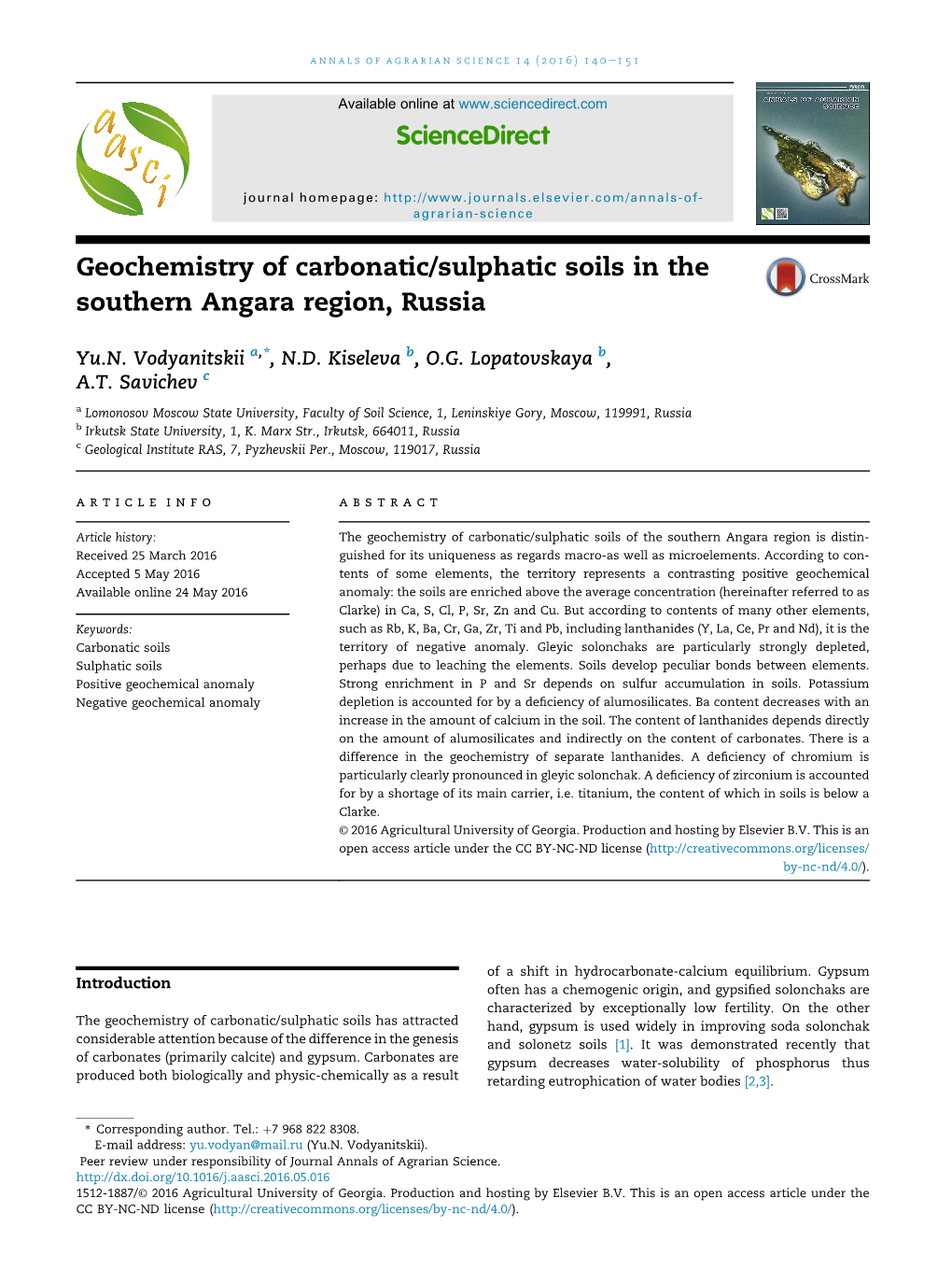 Geochemistry of Carbonatic/Sulphatic Soils in the Southern Angara Region, Russia