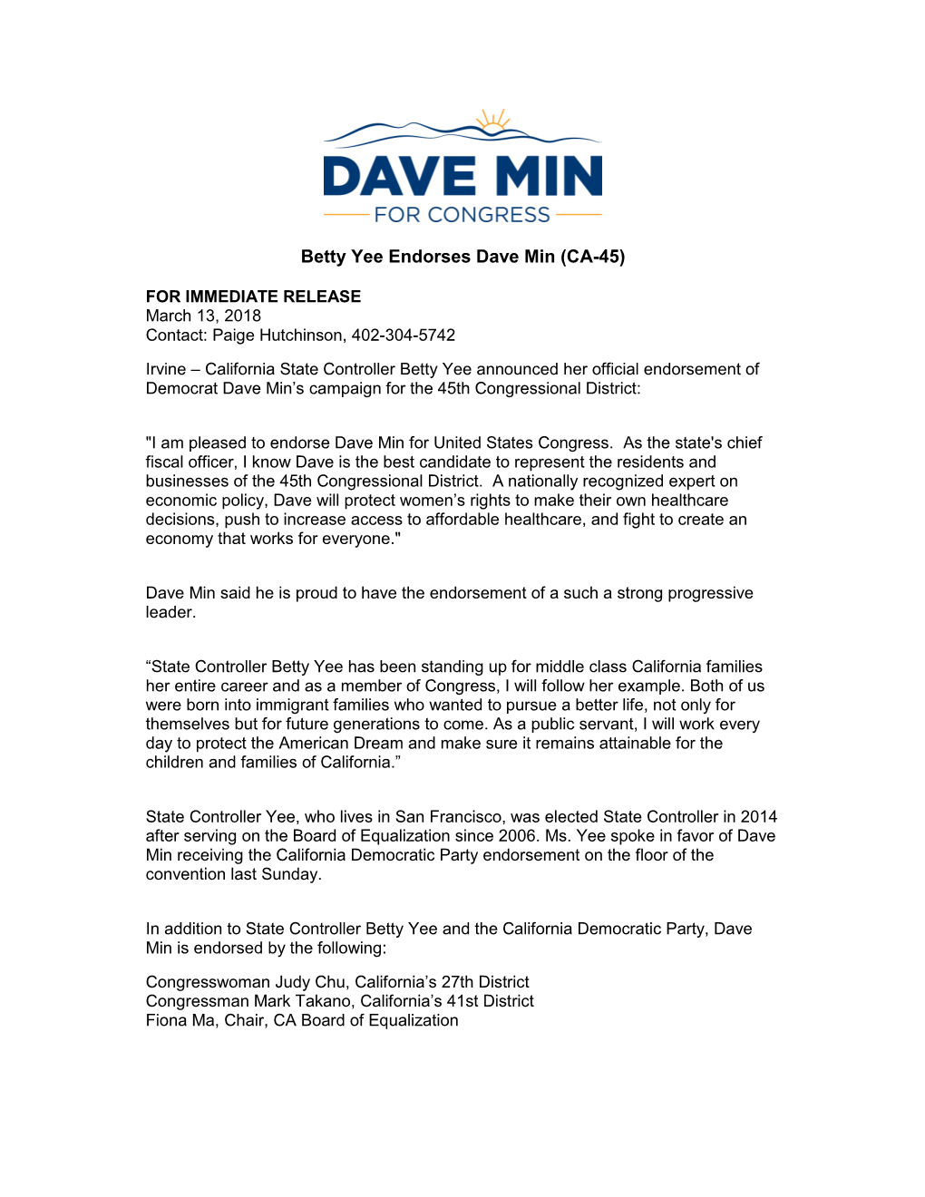 Betty Yee Endorses Dave Min (CA-45)
