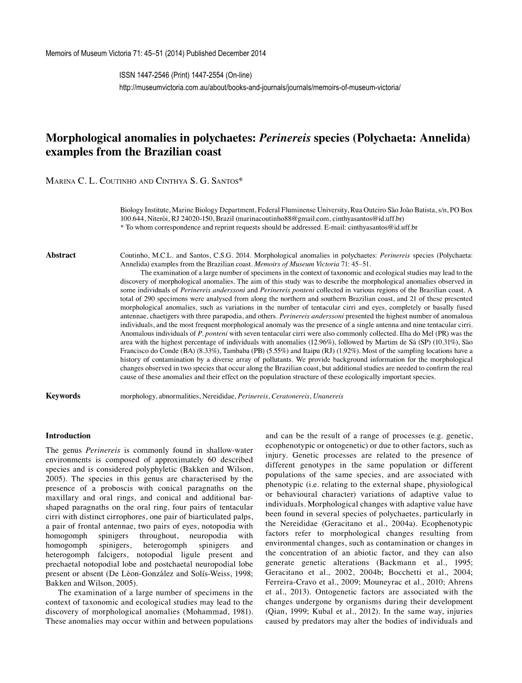 Morphological Anomalies in Polychaetes: Perinereis Species (Polychaeta: Annelida) Examples from the Brazilian Coast