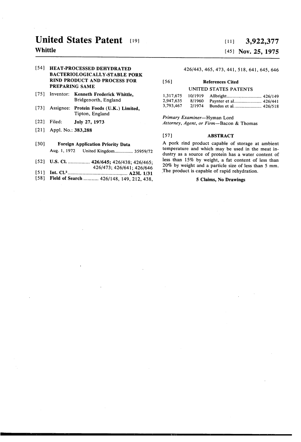 United States Patent (19) (11 3,922,377 Whittle (45) Nov
