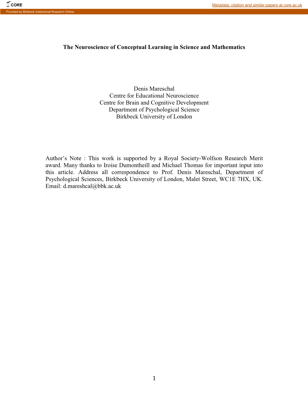 1 the Neuroscience of Conceptual Learning in Science And