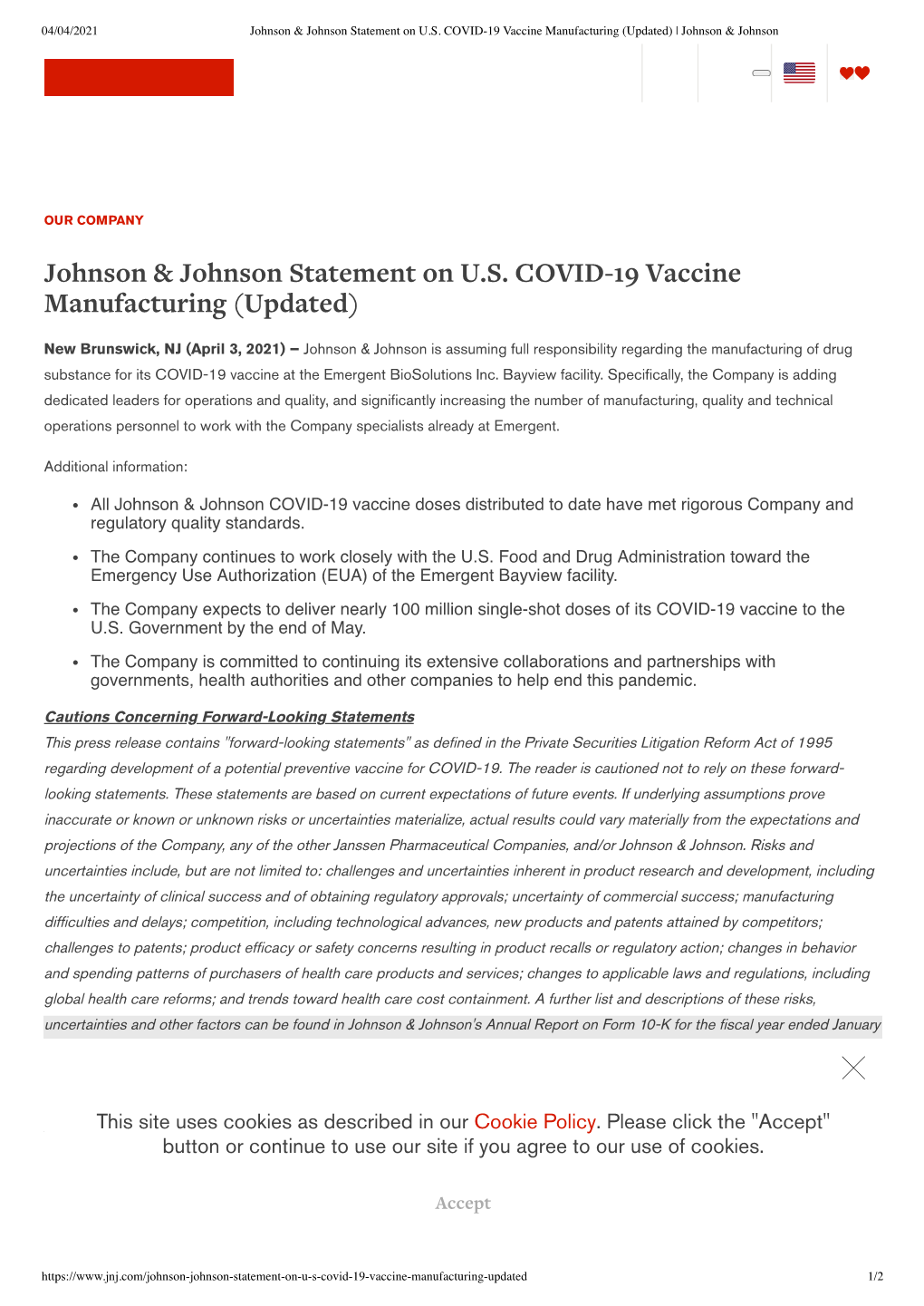 Johnson & Johnson Statement on US COVID-19 Vaccine Manufacturing