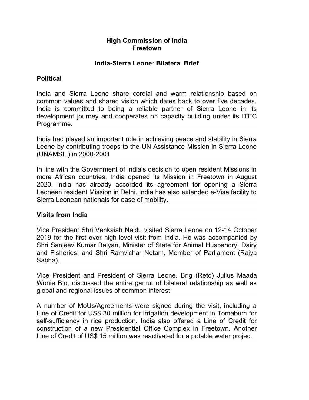 Sierra Leone: Bilateral Brief