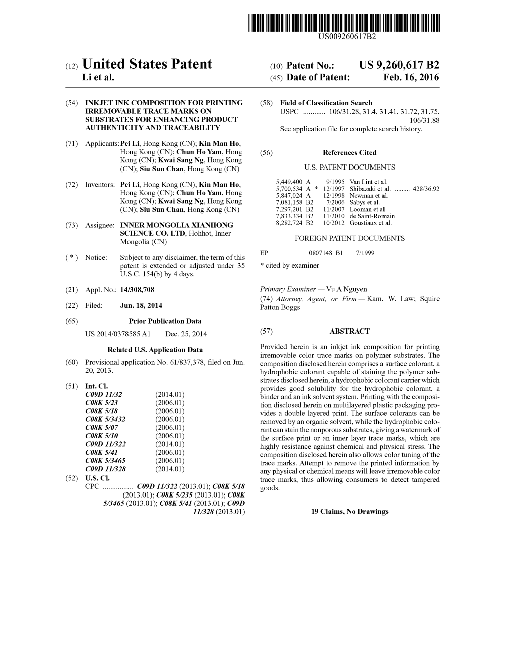 (12) United States Patent (10) Patent No.: US 9.260,617 B2 Li Et Al