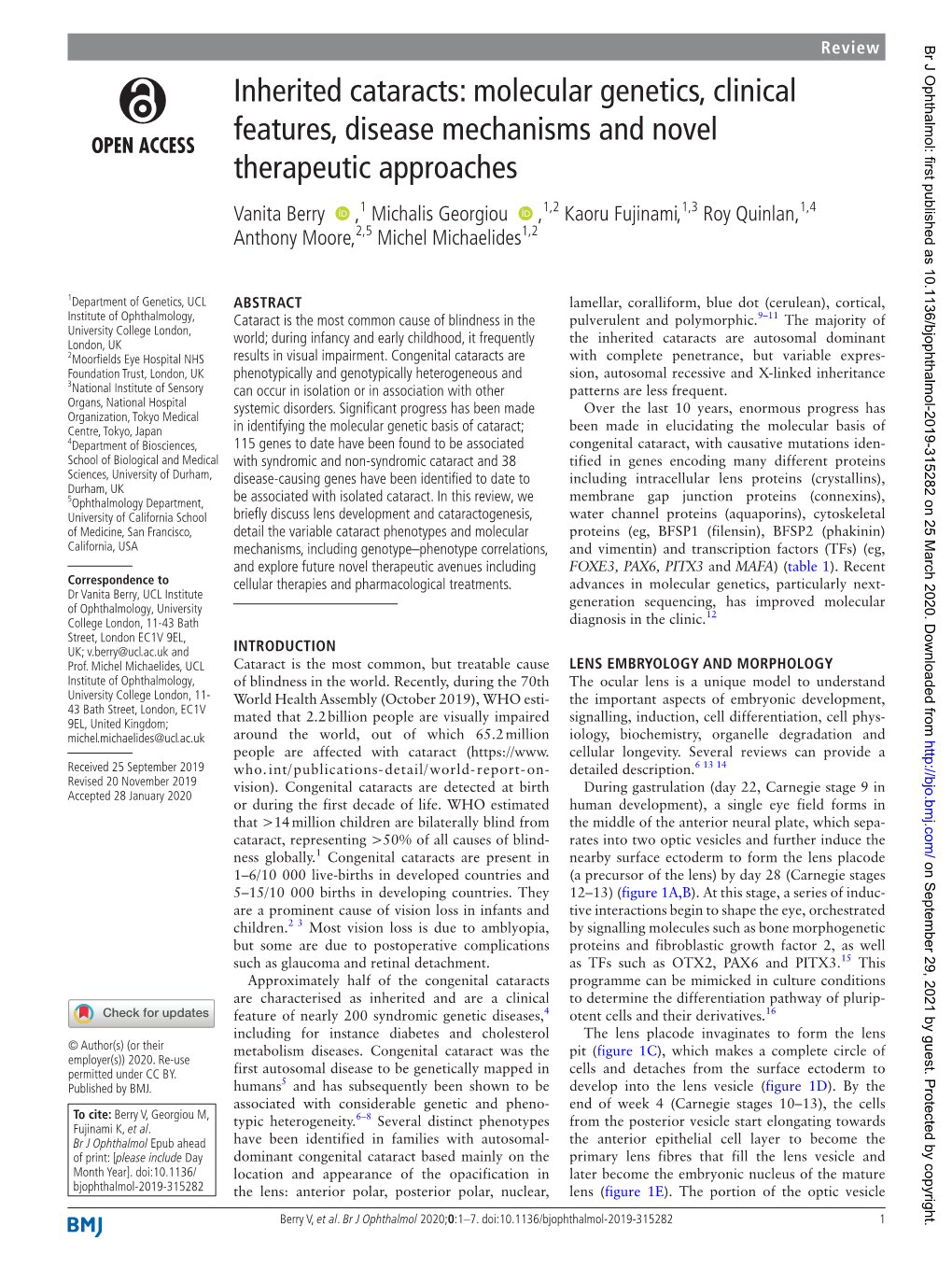 Inherited Cataracts: Molecular Genetics, Clinical Features, Disease Mechanisms and Novel Therapeutic Approaches