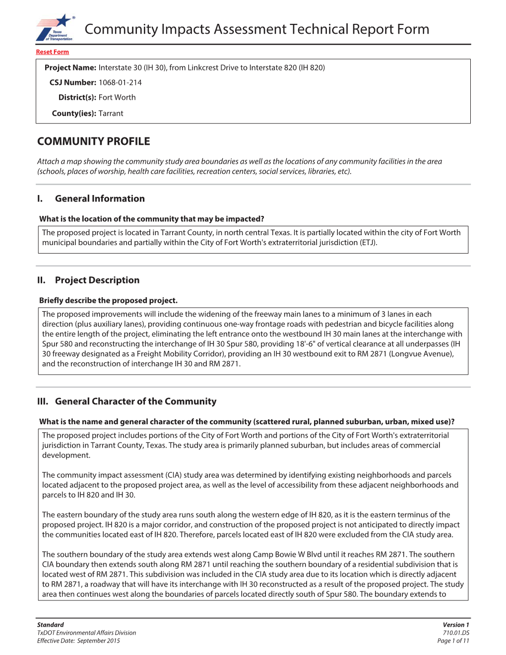 Community Impacts Assessment Technical Report Form