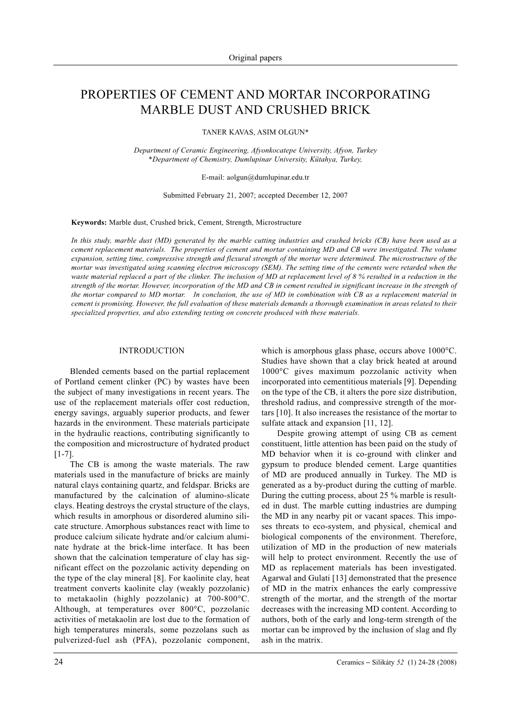 Properties of Cement and Mortar Incorporating Marble Dust and Crushed Brick