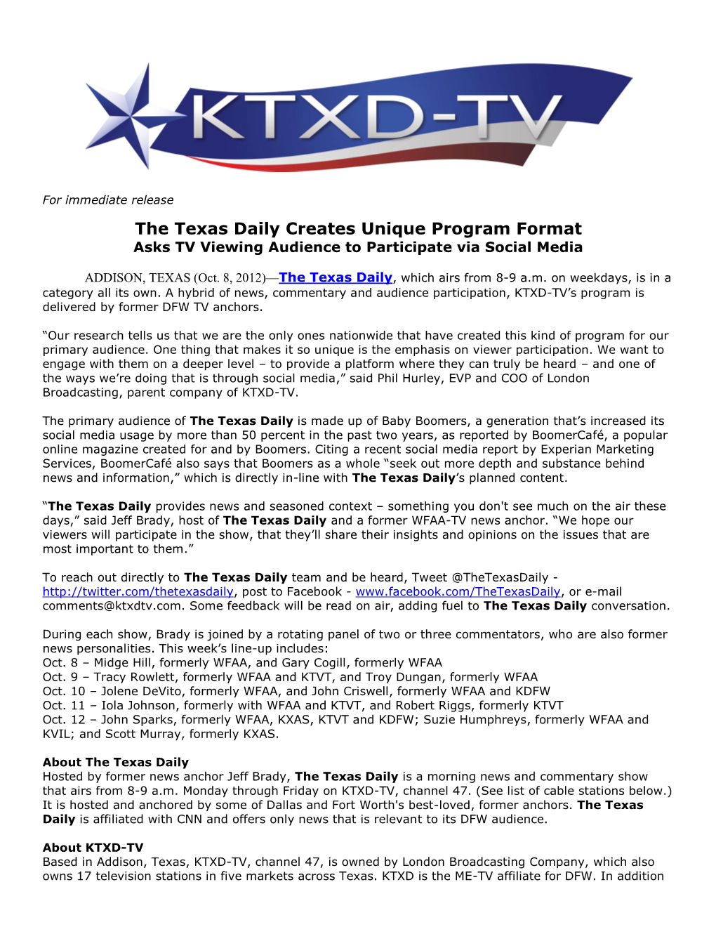 The Texas Daily Creates Unique Program Format Asks TV Viewing Audience to Participate Via Social Media