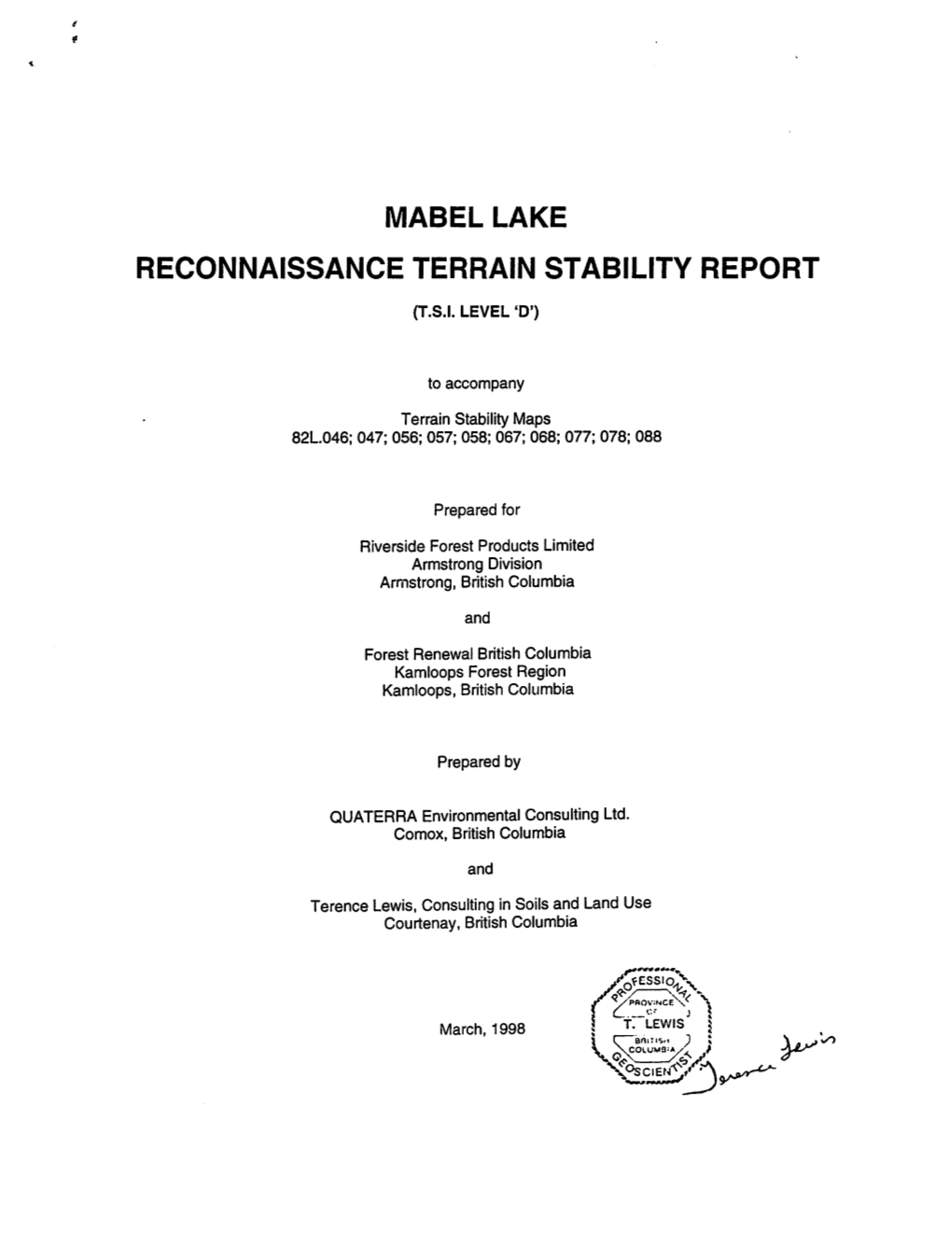 Mabel Lake Reconnaissance Terrain Stability Report