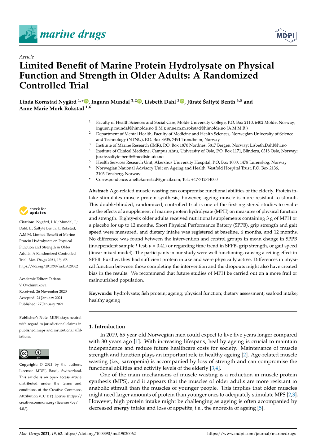 Limited Benefit of Marine Protein Hydrolysate on Physical Function