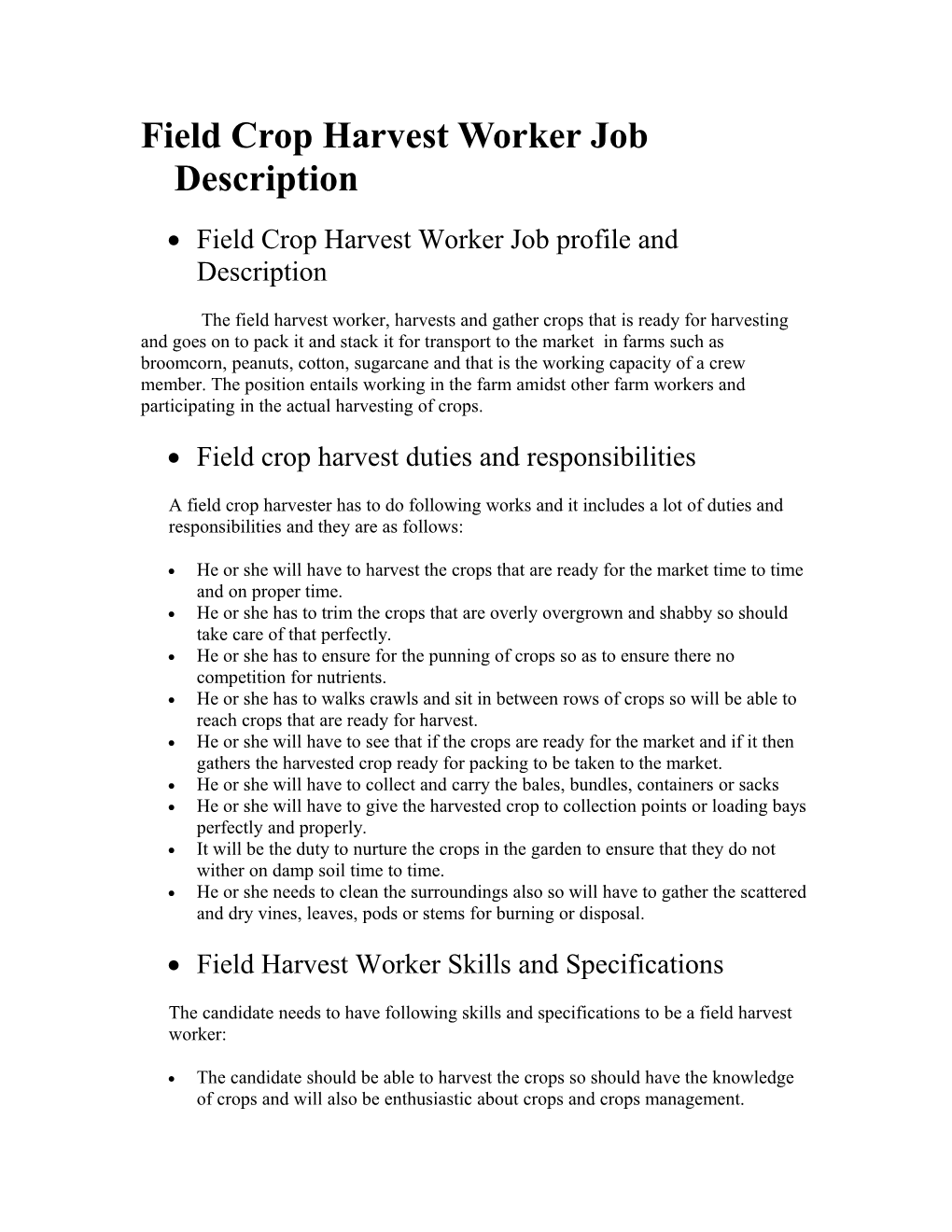 Field Crop Harvest Worker Job Description