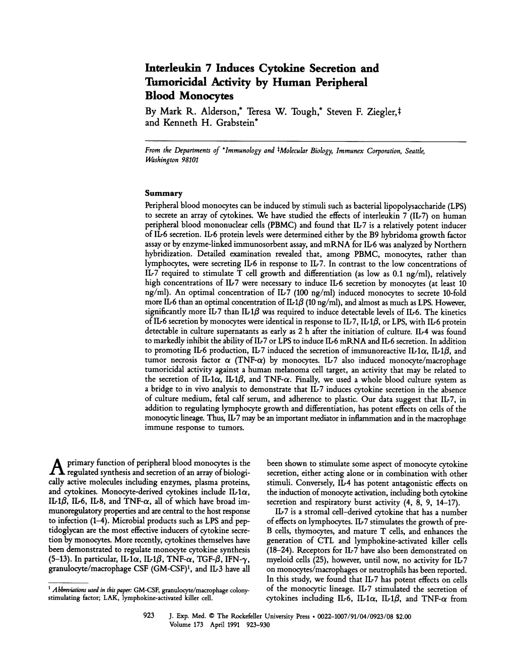 Interleukin 7 Induces Cytokine Secretion and Tumoricidal Activity by Human Peripheral Blood Monocytes by Mark R