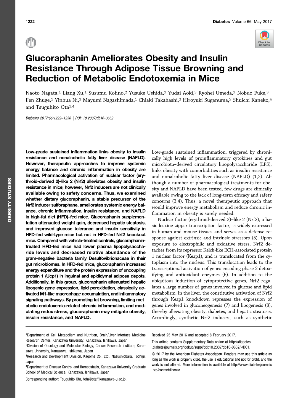 Glucoraphanin Ameliorates Obesity and Insulin Resistance Through Adipose Tissue Browning and Reduction of Metabolic Endotoxemia in Mice