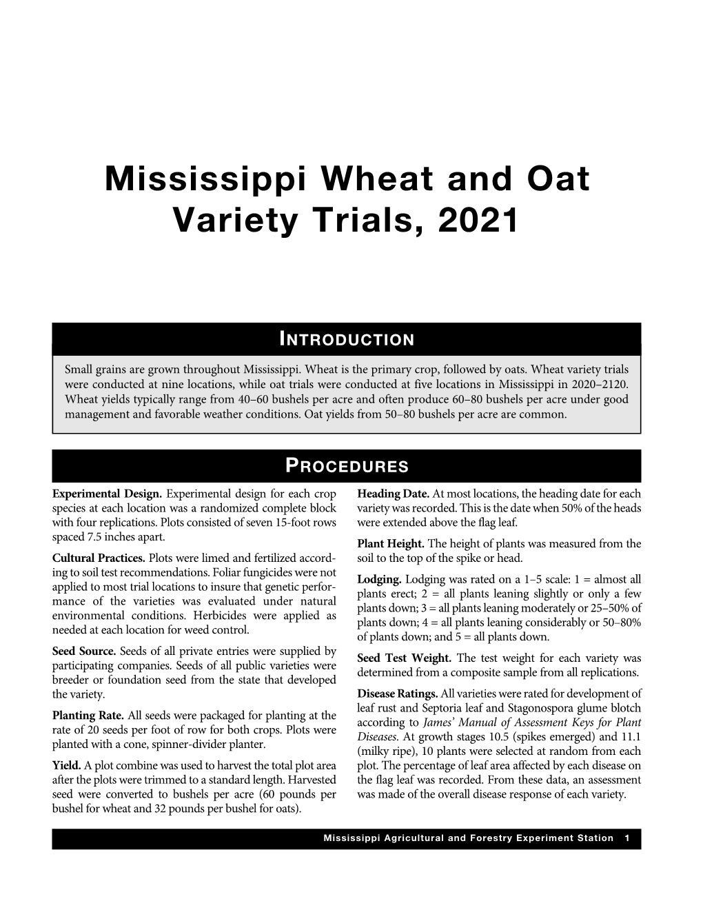 Mississippi Wheat and Oat Variety Trials 2021