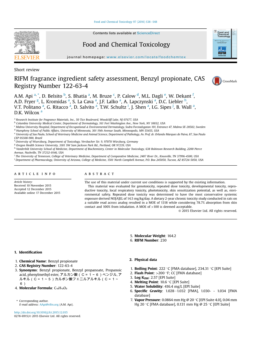 RIFM Fragrance Ingredient Safety Assessment, Benzyl Propionate, CAS Registry Number 122-63-4