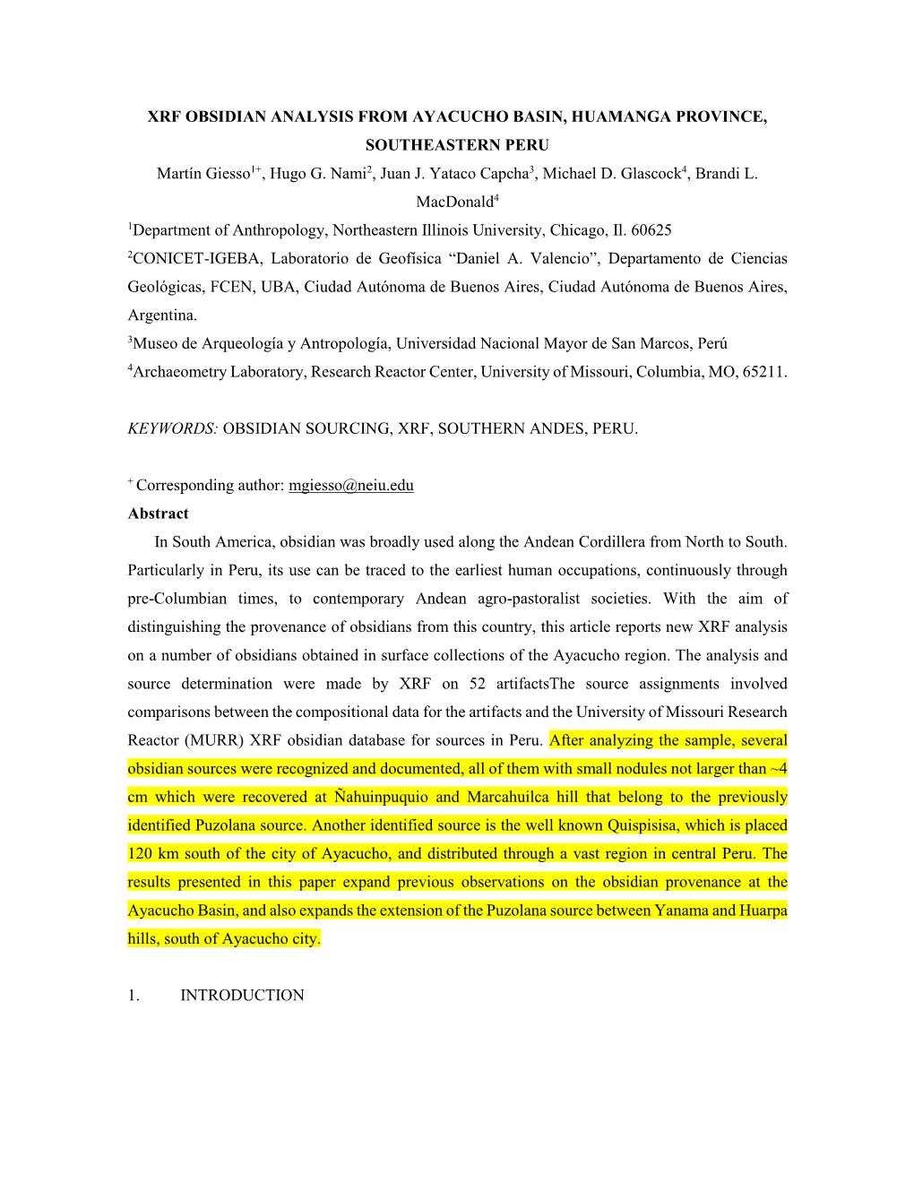 XRF OBSIDIAN ANALYSIS from AYACUCHO BASIN, HUAMANGA PROVINCE, SOUTHEASTERN PERU Martín Giesso1+, Hugo G