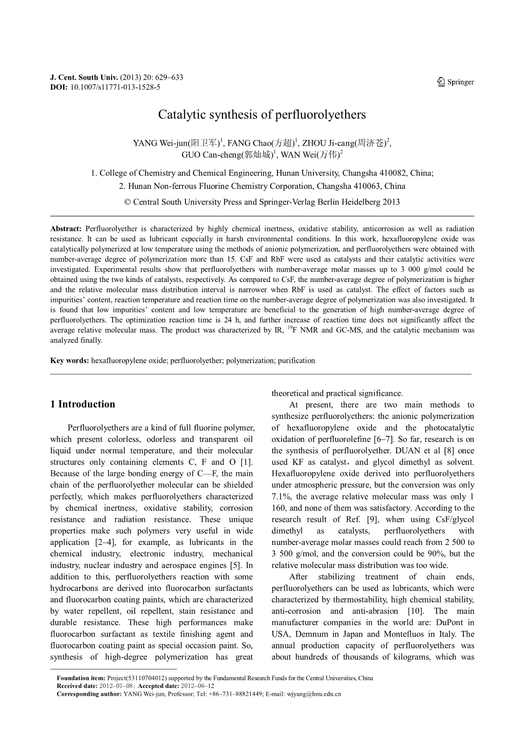 Catalytic Synthesis of Perfluorolyethers