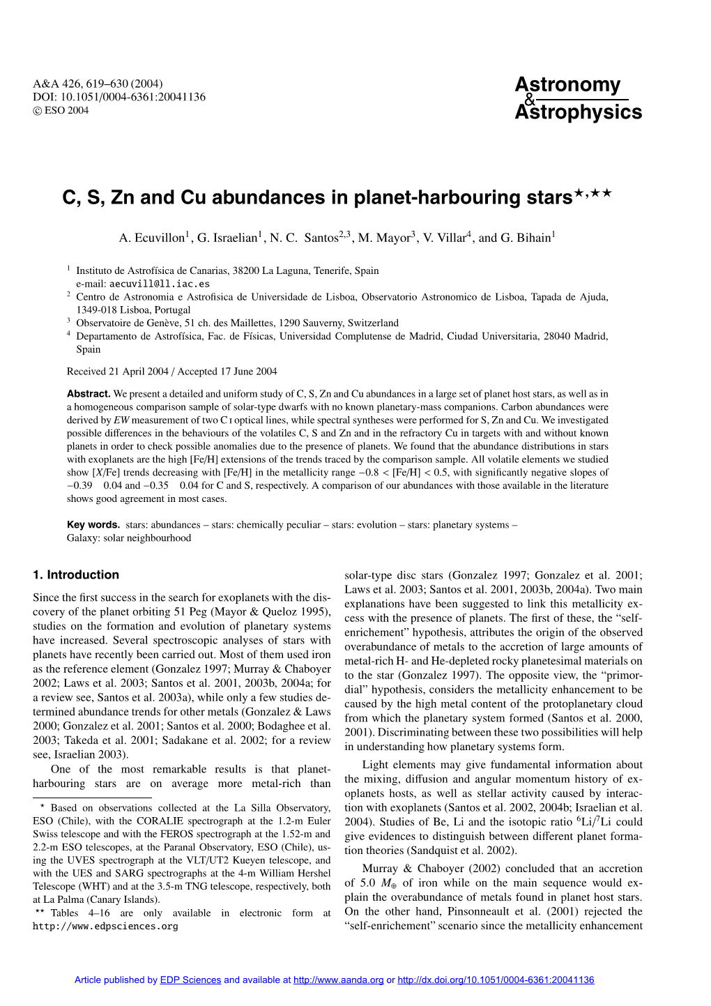 C, S, Zn and Cu Abundances in Planet-Harbouring Stars�,