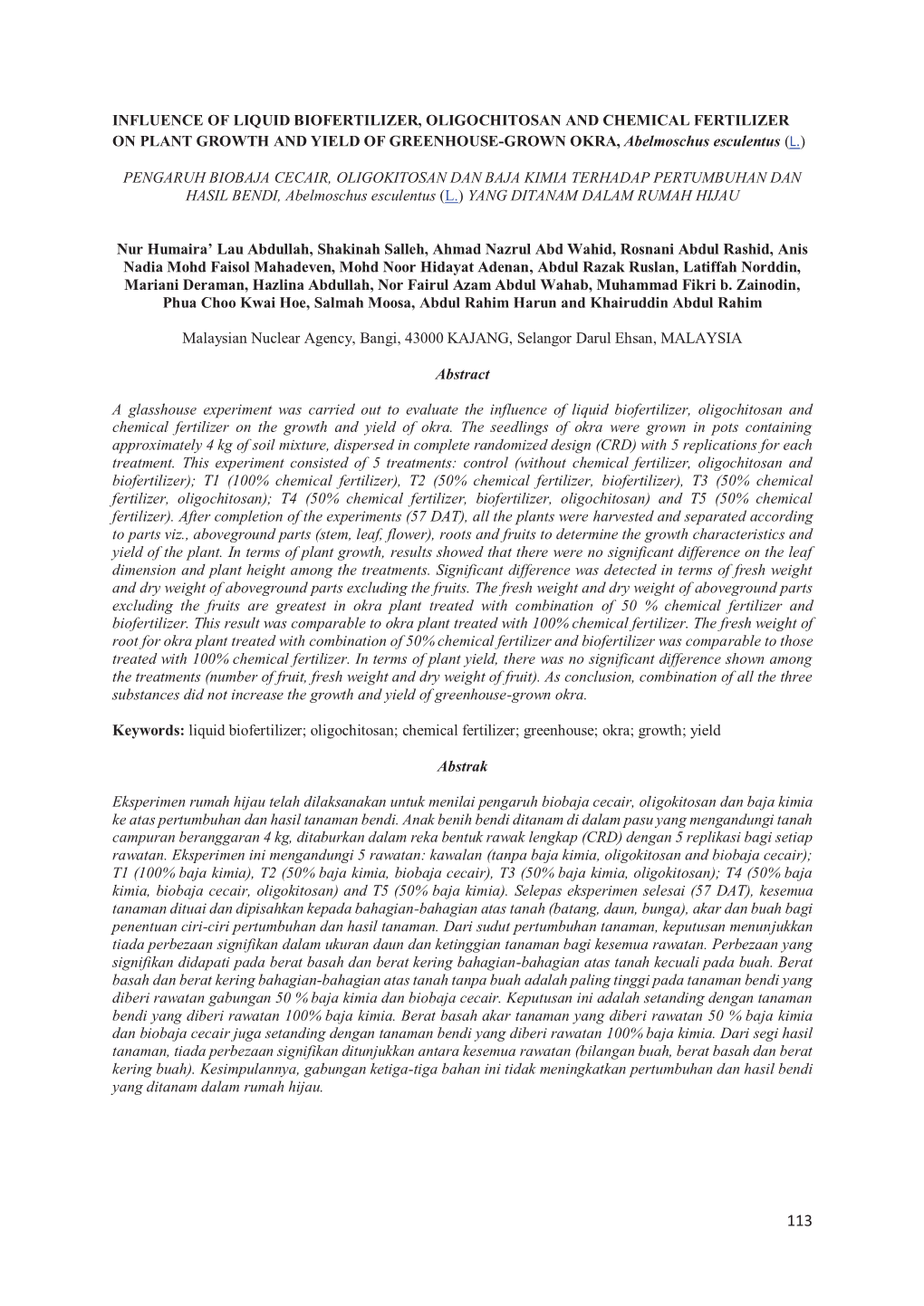 INFLUENCE of LIQUID BIOFERTILIZER, OLIGOCHITOSAN and CHEMICAL FERTILIZER on PLANT GROWTH and YIELD of GREENHOUSE-GROWN OKRA, Abelmoschus Esculentus (L.)