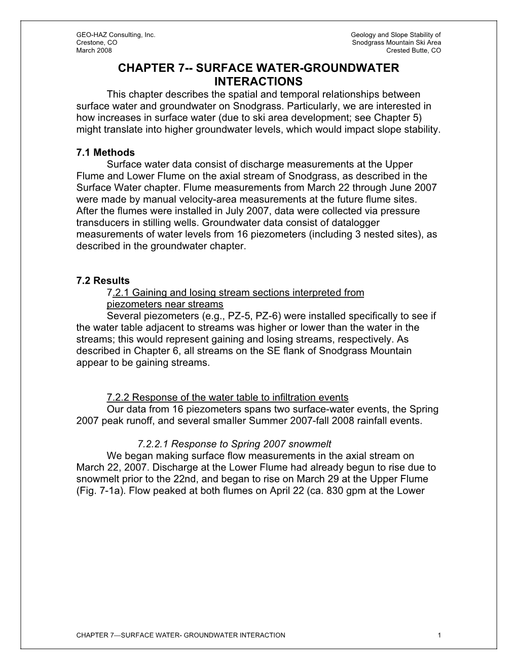 CHAPTER 7-- SURFACE WATER-GROUNDWATER INTERACTIONS This Chapter Describes the Spatial and Temporal Relationships Between Surface Water and Groundwater on Snodgrass