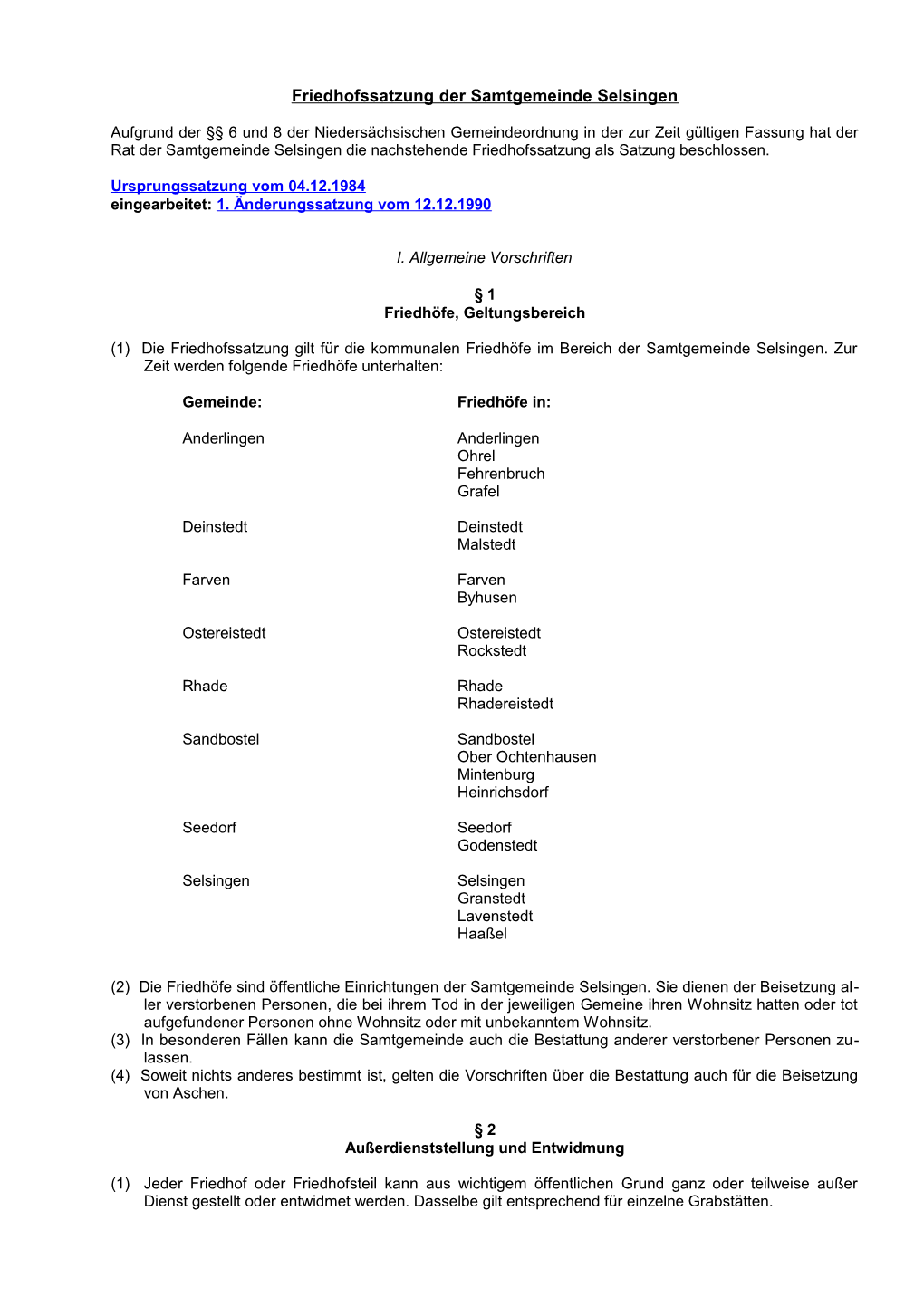 Friedhofssatzung Der Samtgemeinde Selsingen