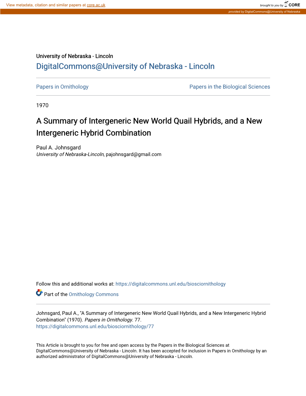 A Summary of Intergeneric New World Quail Hybrids, and a New Intergeneric Hybrid Combination