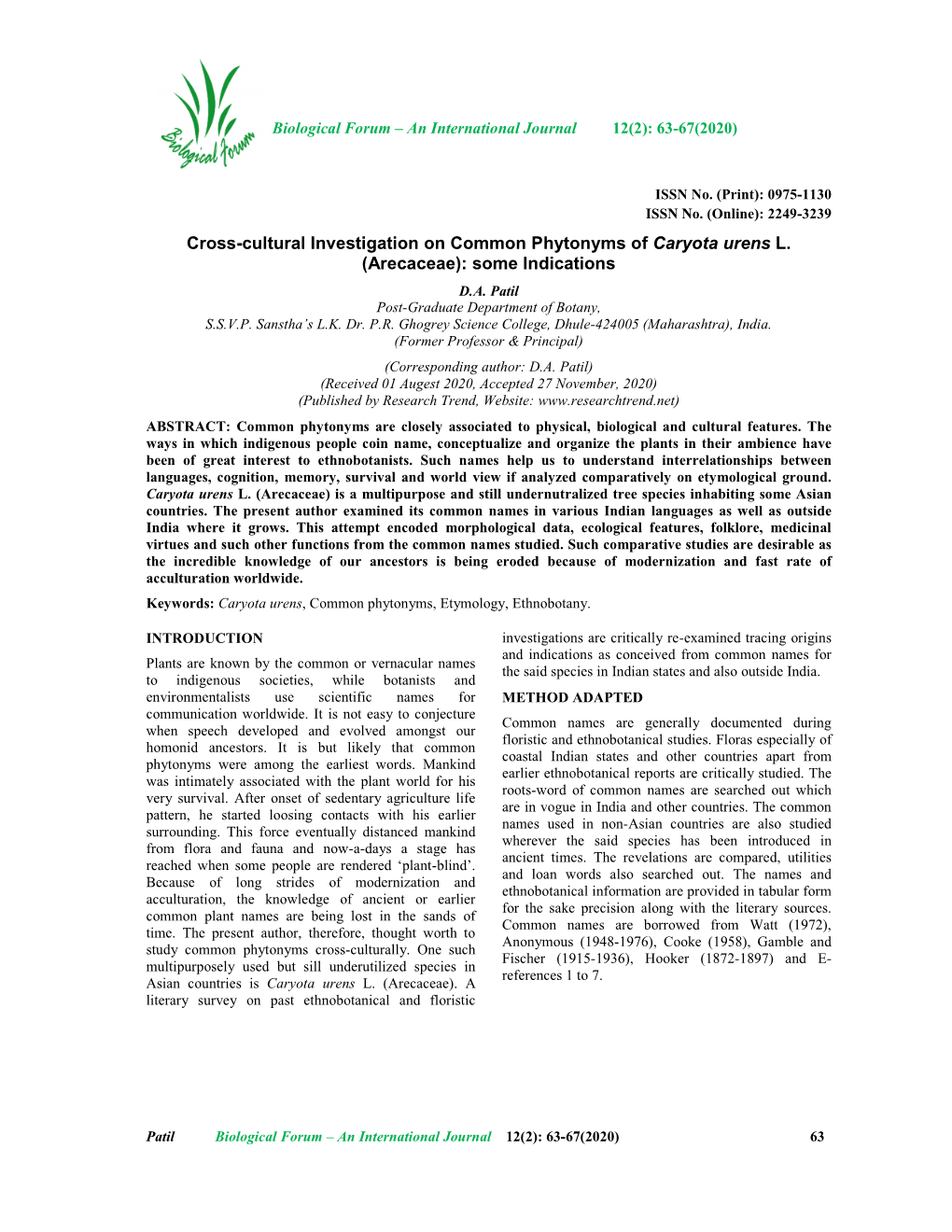 Cross-Cultural Investigation on Common Phytonyms of Caryota Urens L