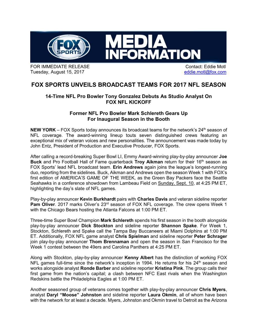 Fox Sports Unveils Broadcast Teams for 2017 Nfl Season