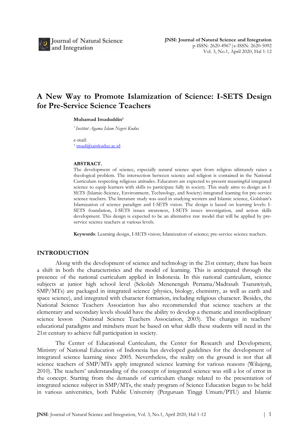A New Way to Promote Islamization of Science: I-SETS Design for Pre-Service Science Teachers