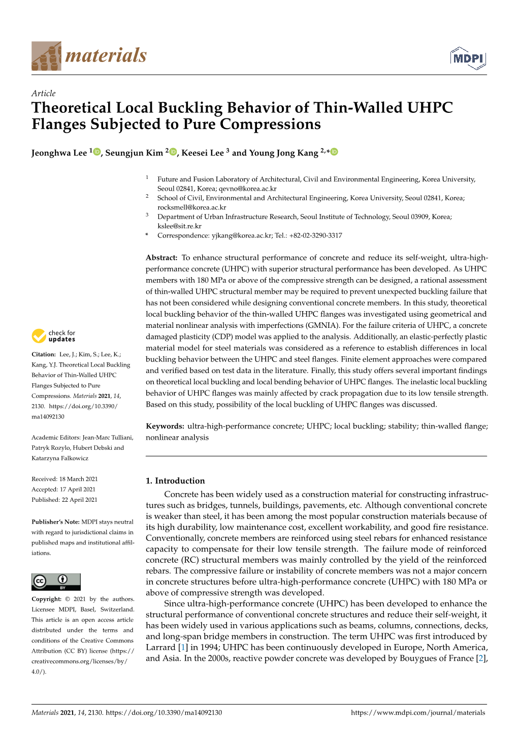 Theoretical Local Buckling Behavior of Thin-Walled UHPC Flanges Subjected to Pure Compressions