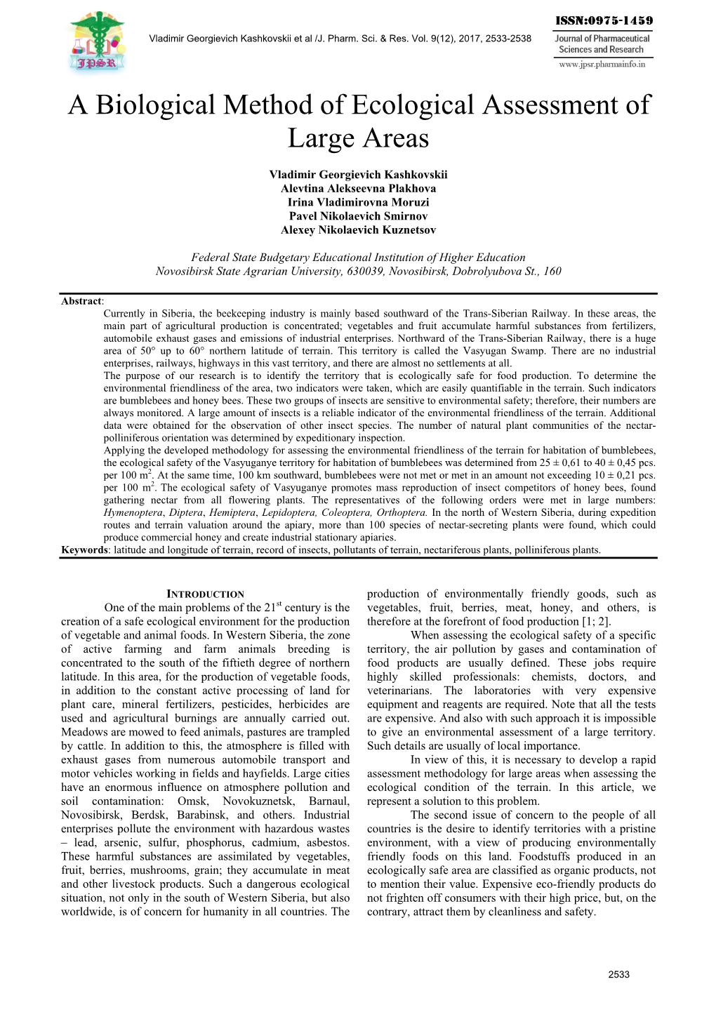 A Biological Method of Ecological Assessment of Large Areas