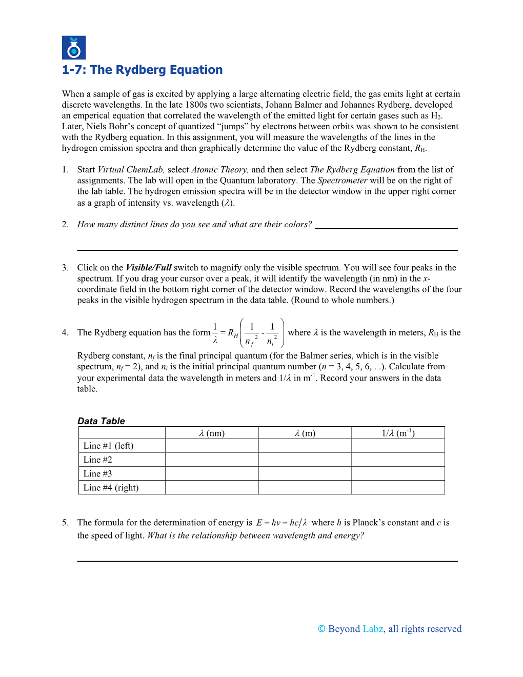 1-7: the Rydberg Equation