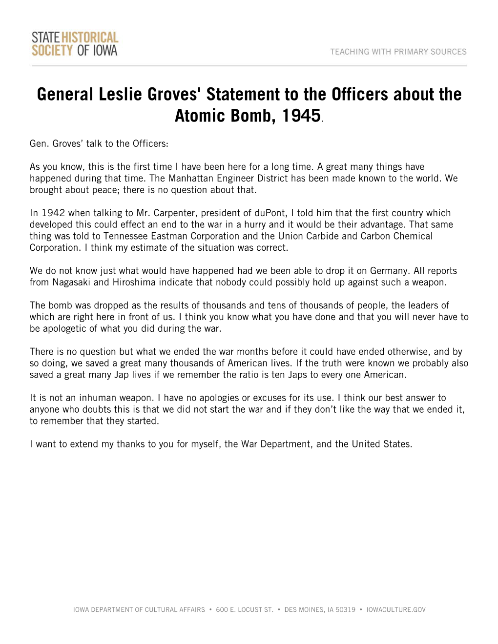 Transcript of General Leslie Groves' Statement to the Officers About The