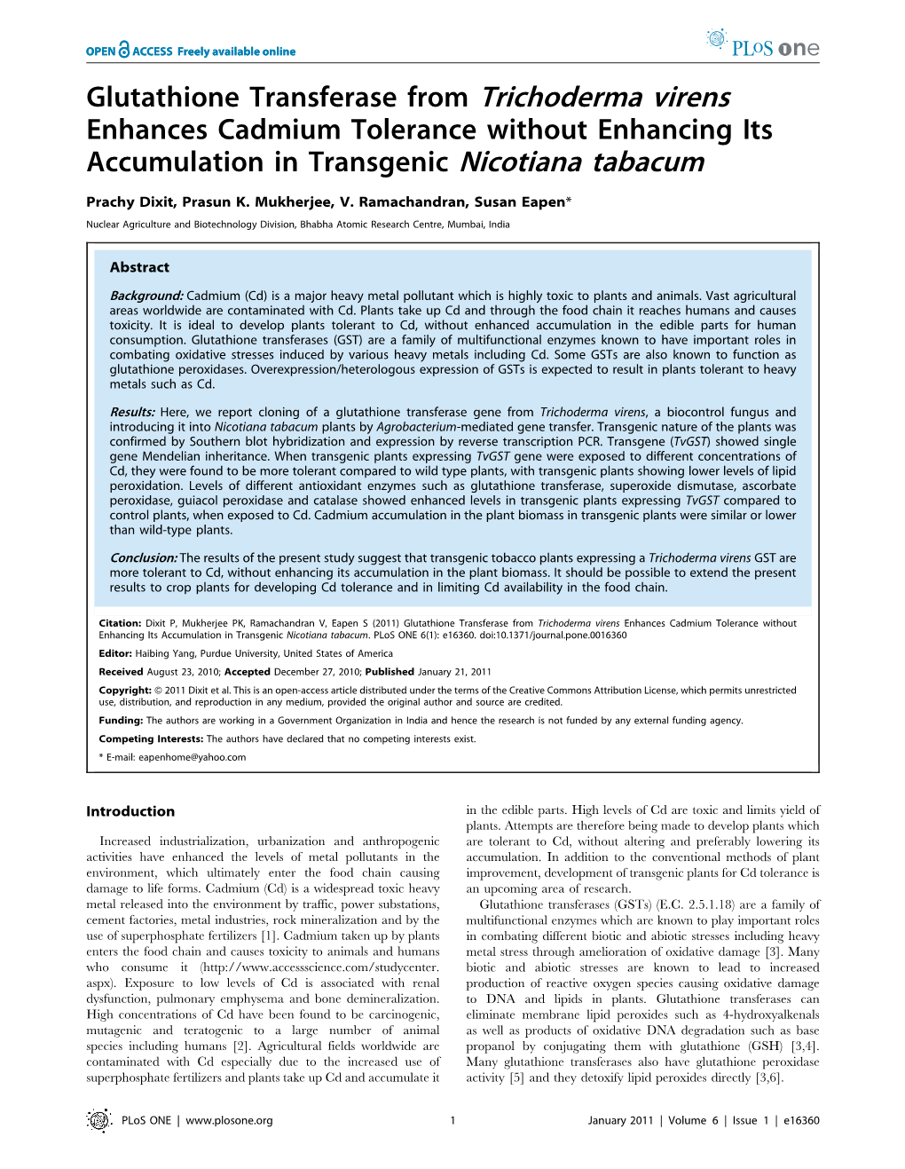 Glutathione Transferase from Trichoderma Virens Enhances Cadmium Tolerance Without Enhancing Its Accumulation in Transgenic Nicotiana Tabacum