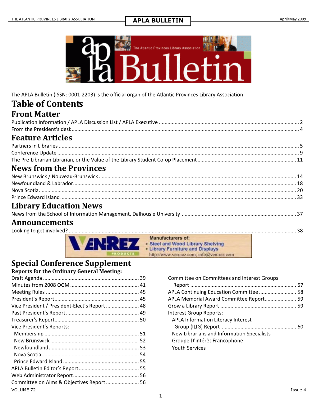 Table of Contents Front Matter Publication Information / APLA Discussion List / APLA Executive