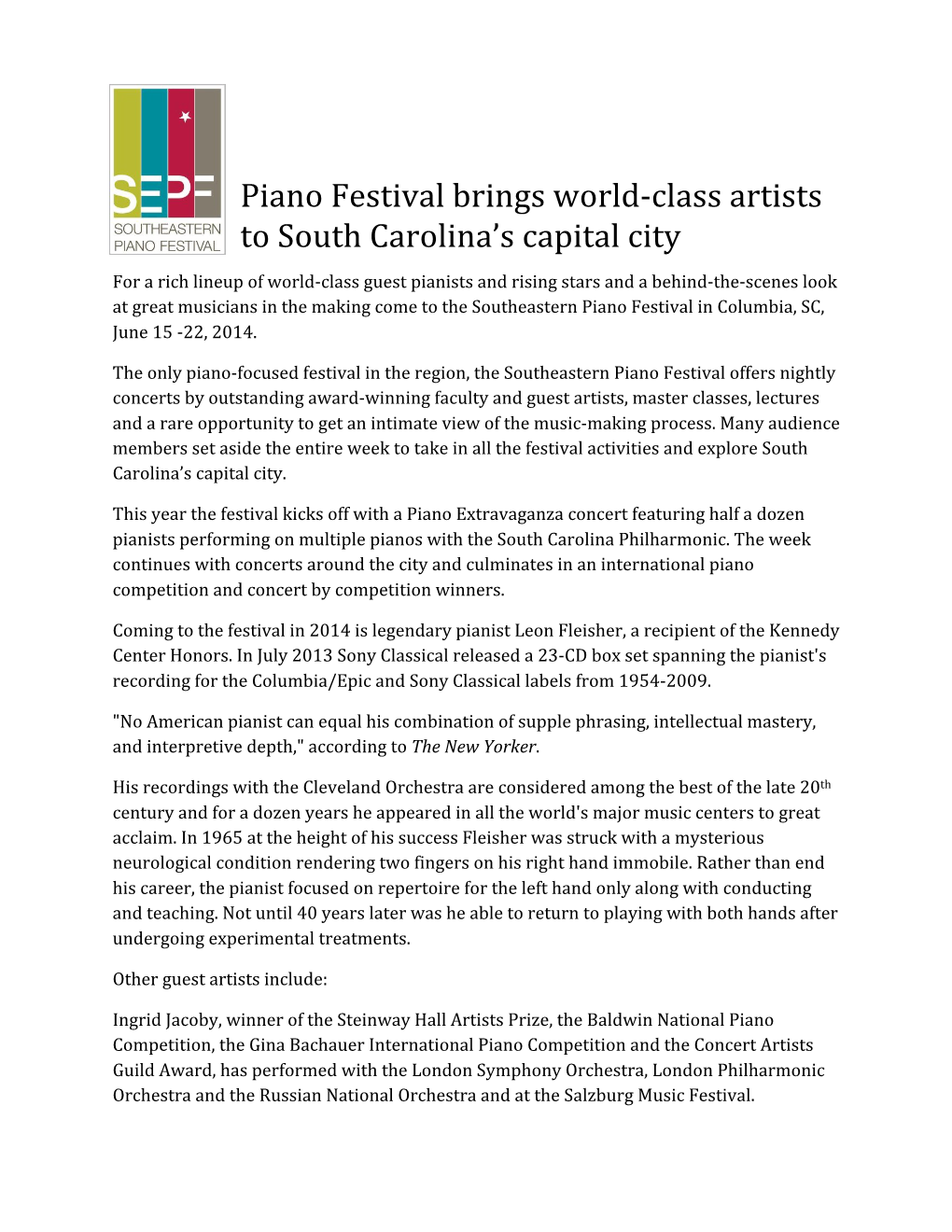 Piano Festival Brings World-‐Class Artists to South Carolina's Capital City