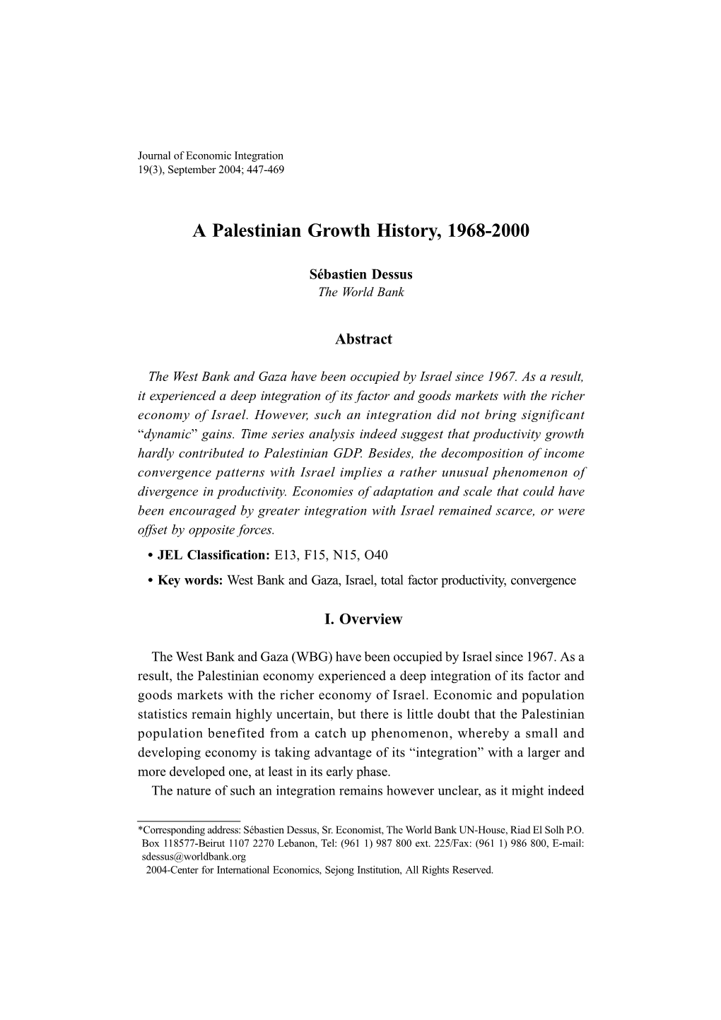 A Palestinian Growth History, 1968-2000