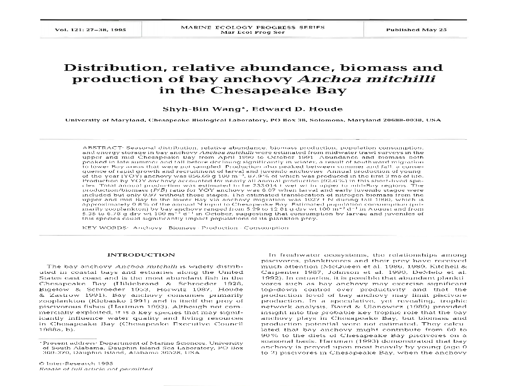 Distribution, Relative Abundance, Biomass and Production of Bay Anchovy Anchoa Mitchilli in the Chesapeake Bay