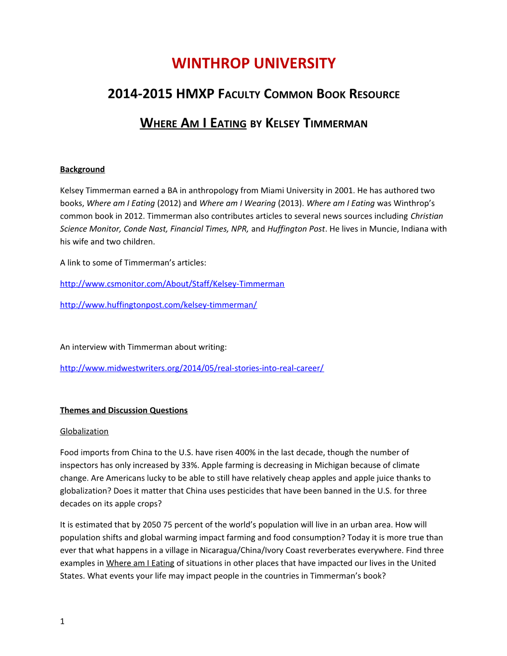 2014-2015 HMXP Faculty Common Book Resource