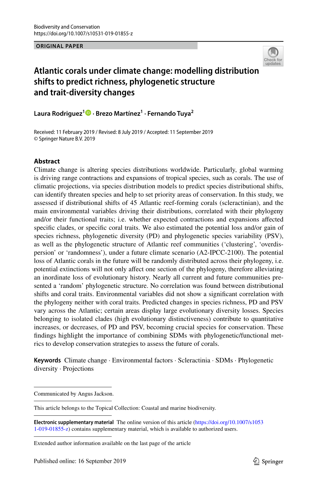 Atlantic Corals Under Climate Change: Modelling Distribution Shifts to Predict Richness, Phylogenetic Structure and Trait‑Diversity Changes