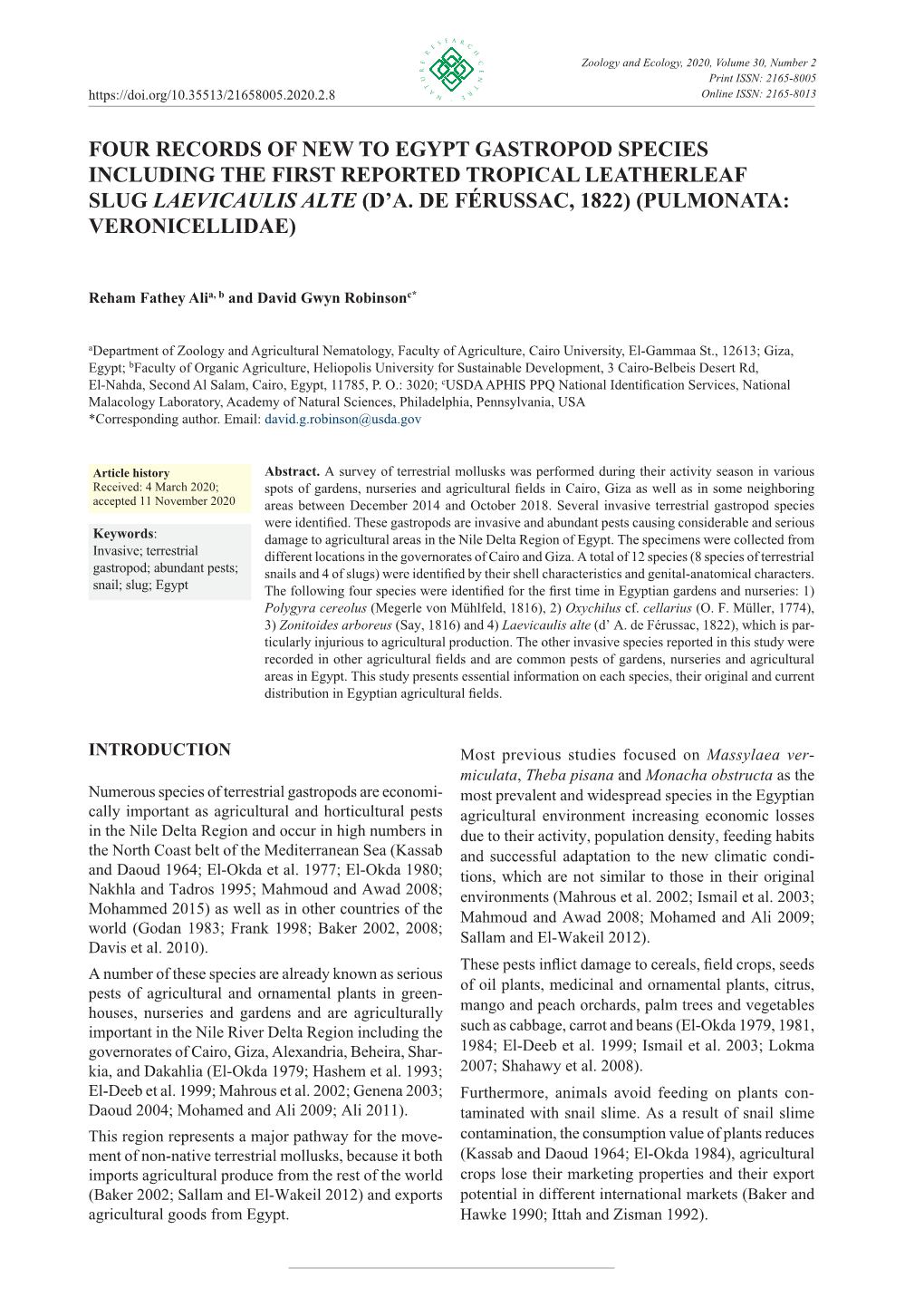 Four Records of New to Egypt Gastropod Species Including the First Reported Tropical Leatherleaf Slug Laevicaulis Alte (D’A