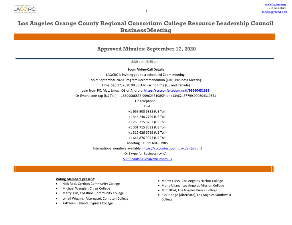 Los Angeles Orange County Regional Consortium College Resource Leadership Council Business Meeting