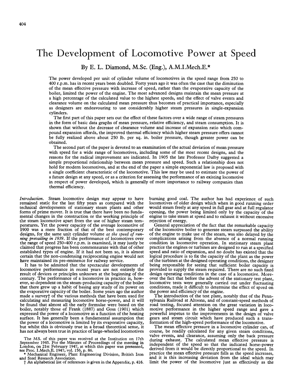 The Development of Locomotive Power at Speed by E